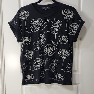 On 12th Black Tee with White Floral Embroidery And Rhinestone Embellishment Med